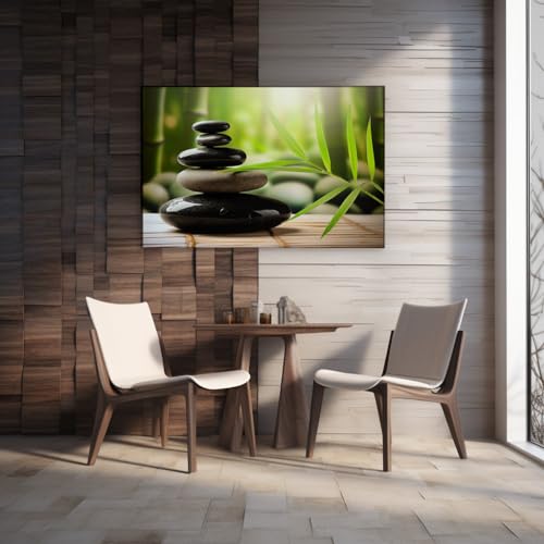 Canvas for Living room. Zen Balance - Stacking Stones and Bamboo Leaves Conjure Serenity and Harmony, 27 x 18 inch Canvas Wall Art - Ready to Hang - 69x46 cm (27x18 inch)