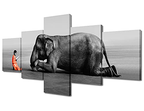 TUMOVO 5 Pieces Elephant Canvas Wall Art Zen Buddhist Home Decor for Living Room Black and White Wall Decorations Modern Artwork Stretched and Framed Ready to Hang (50''Wx 24''H) - color: Artwork-07, size: 50''Wx24''H