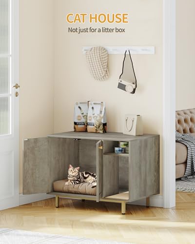 Hzuaneri Cat Litter Box Enclosure Enclosed, Hidden Litter Box Cabinet Furniture with Storage, Wooden Indoor Cat House Large, Modern End Table for Living Room Entryway, Greige and Gold CB01505G - color: Greige and Gold
