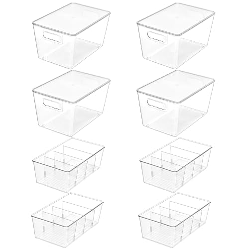 Vtopmart 4+4 Pack Clear Plastic Storage Bins Set - 4 Large Pantry Organizer Bins with Lid and Handle + 4 Medium 4-Compartment Food Storage Bins for Pantry, Kitchen, Fridge, Cabinet Organization - style: 4 Larger with Lid+4 Medium