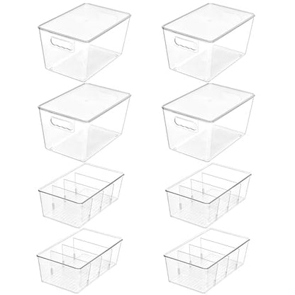 Vtopmart 4+4 Pack Clear Plastic Storage Bins Set - 4 Large Pantry Organizer Bins with Lid and Handle + 4 Medium 4-Compartment Food Storage Bins for Pantry, Kitchen, Fridge, Cabinet Organization - style: 4 Larger with Lid+4 Medium