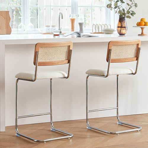 Natural Rattan Counter Height Stools Set of 2 with Solid Wood Back, 24 Inch Mid Century Modern Cesca Bar Stools, White Upholstery Boho Stool for Kitchen Counter with Chrome Metal Legs - color: White, size: 2PCS-24'' Counter Height Stool