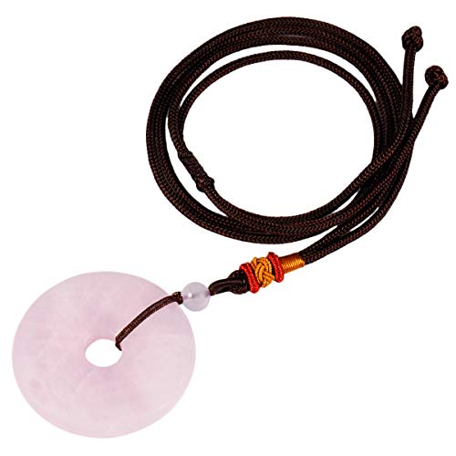 TUMBEELLUWA Healing Stone Pendant Crystal Necklace Chakra Quartz Cord Donut Shape Lucky Amulet Handmade Jewelry for Women Men - color: #1 pink