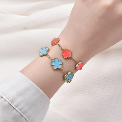 FLY FEI 18K Gold-Plated Four Leaf Clover Bracelet for Women,Adjustable lucky Bracelet Set Jewelry Gift-Hypoallergenic Charm for Birthdays, Wellness & Daily Wear - color: style08-Red Pink