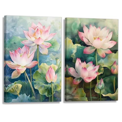 KPLUNDO Zen Canvas Wall Art 2 Panel Blooming Pink Lotus Poster Wall Decor Watercolor Lotus Pond Painting Modern Artwork Spa Room Home Decoration Ready To Hang(Artwork-2,12"x16"x2pcs) - color: Artwork-2, size: 12"x16"x2pcs