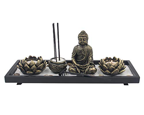 DharmaObjects Zen Garden Buddha Statue Lotus Tea Light Candle and Incense Holder Complete Set Home Décor Gift