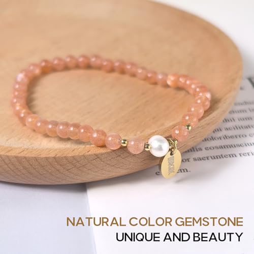 4mm Natural Gemstone Beads Stretch Bracelet for Women, With Freshwater Pearls, Energy Gem Birthday Gift for Her 7.2” - color: Sunstone