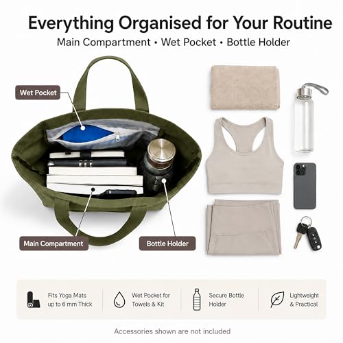 Yoga Mat Bag for Women, 100% Cotton Canvas Tote with Wet/Dry Pocket, Bottle Holder and Inner Zipper Pocket, 25L Carrier for Pilates and Travel - color: Green