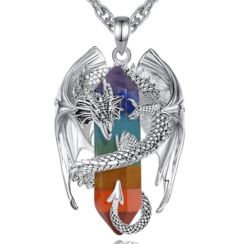 INFUSEU Unique Dragon Necklaces with Healing Crystal Stone for Men Women, Personalized Spiritual Gifts, 24 Inch Chain - color: Chakra