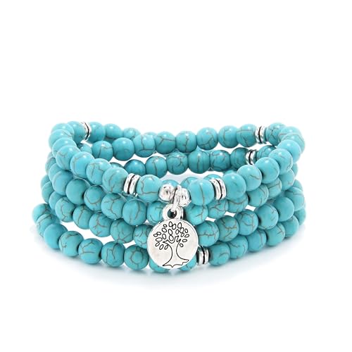 Handmade 108 Stone Mala Beads with Tree of Life Charm - Wear as Necklace or Bracelet - style: Green Turquoise