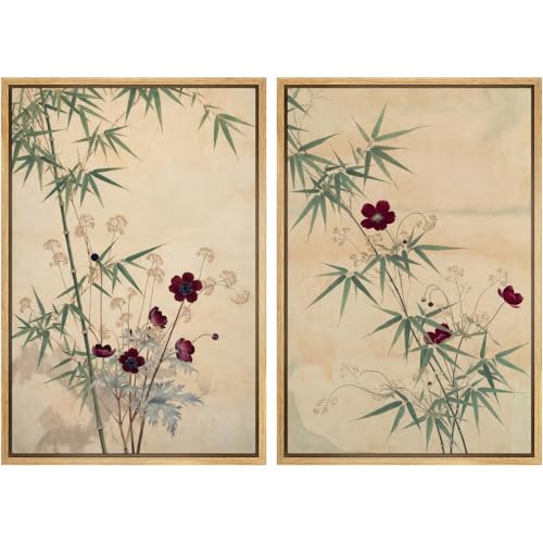 SIGNWIN Framed Canvas Print Wall Art Set Elegant Bamboo and Anemone Illustrations Minimal Decorative Contemporary Zen for Living Room, Bedroom, Office - 16"x24"x2 Natural - color: B16-2603-edw05, size: 16"x24"x2 Panels Natural