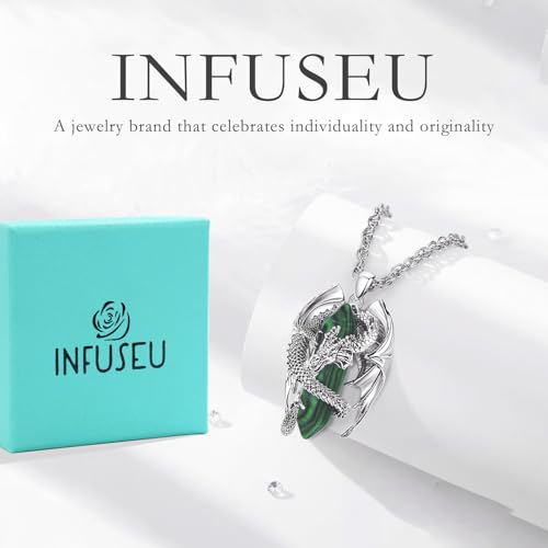 INFUSEU Unique Dragon Necklaces with Healing Crystal Stone for Men Women, Personalized Spiritual Gifts, 24 Inch Chain - color: Green Malachite
