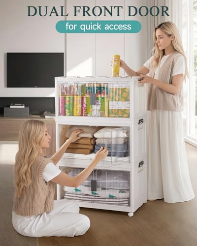 OlarHike 97QT Stackable Storage Bins with Lids - Folding Storage Box with Doors and Wheels, Collapsible Plastic Storage Drawers for Closets and Organization, Garage, 5 Pack Cubes - size: 97QT-White, style: 5Pack