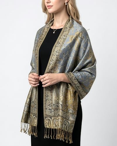Achillea Reversible Paisley Pashmina Rave Scarf – Exotic Indian Shawls and Wraps for Evening Dresses, Festivals, All Seasons - color: Steel Blue