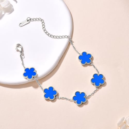 FLY FEI 18K Gold-Plated Four Leaf Clover Bracelet for Women,Adjustable lucky Bracelet Set Jewelry Gift-Hypoallergenic Charm for Birthdays, Wellness & Daily Wear - color: style02-Blue(silvery)
