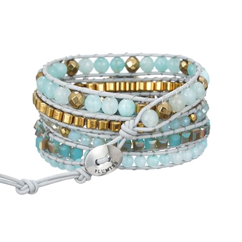 Plumiss Women Boho Handmade Natural Stone Crystal Leather Bead Wrap Bracelets Collection - style: Gold Amazonite 5W