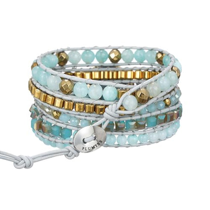 Plumiss Women Boho Handmade Natural Stone Crystal Leather Bead Wrap Bracelets Collection - style: Gold Amazonite 5W