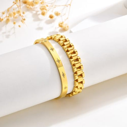 MPRAINBOW 2pcs 18K Gold Plated Chain Link Bracelet, Stainless Steel Crystal Friendship Bracelets Bangle,Watch Band Chains Wristband Jewelry with Adjust Tool - color: Gold Set - K