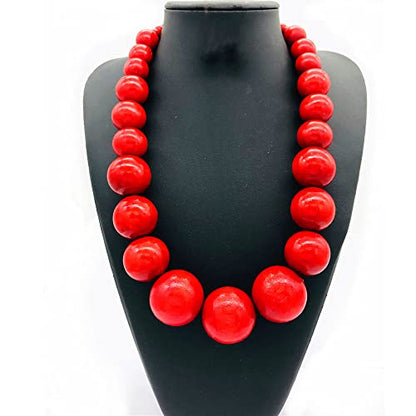 COLORFUL BLING Ethnic Natural Wood Beads Necklace for Men Women Africa Wooden Chain Chunky Strand Necklace Statement Hip Hop Jewelry - color: short red