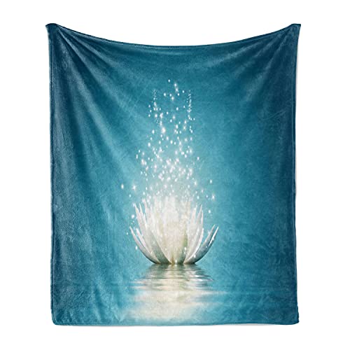 Lunarable Lotus Throw Blanket, Magic Lotus with Vivid Reflections Life Yoga Print, Flannel Fleece Accent Piece Soft Couch Cover for Adults, 50" x 60", Petrol Blue Coconut - size: 50" x 60"
