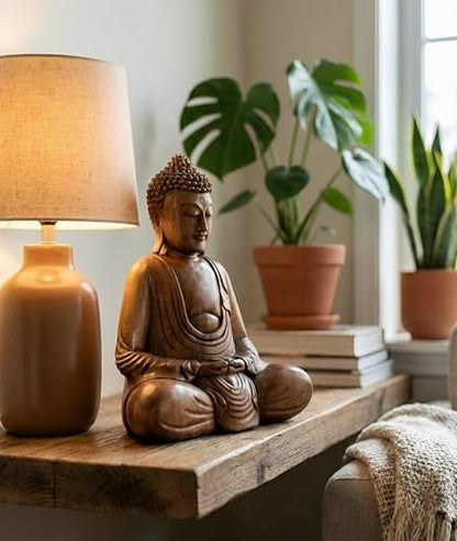 Wooden Serene Sitting Buddha Statue - Handmade Meditating Sculpture - Hand Carved Dhyana Mudra Figurine - Zen Home Decor Accent, Oriental Spiritual Home Room Decoration Gift (12" Tall) - size: 12" Tall
