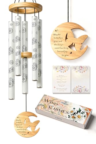 Modern Wind Chimes for Outside, 32" Daisy Print Wind Chime with Butterfly Pendant for Birthday, Mother's Day, Unique Gifts for Women, Garden Yard Patio Porch Home Hanging Decor(Whitestone)