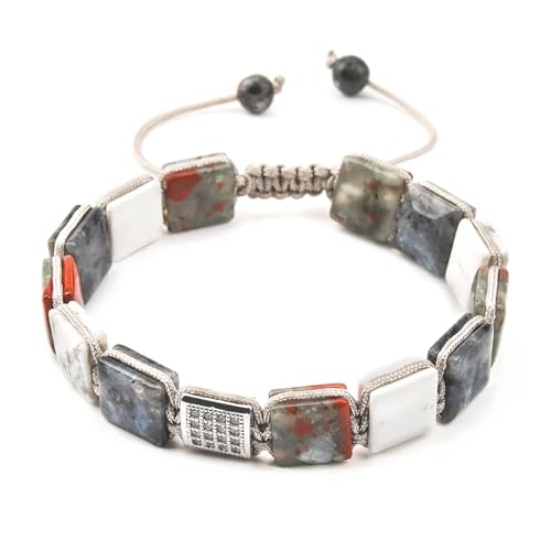 Square Natural Stone Unisex Adjustable Bracelet - Handmade with Natural Stons - Square Healing Crystal Bead Bracelet - color: Gray&White&Red