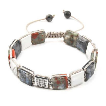 Square Natural Stone Unisex Adjustable Bracelet - Handmade with Natural Stons - Square Healing Crystal Bead Bracelet - color: Gray&White&Red