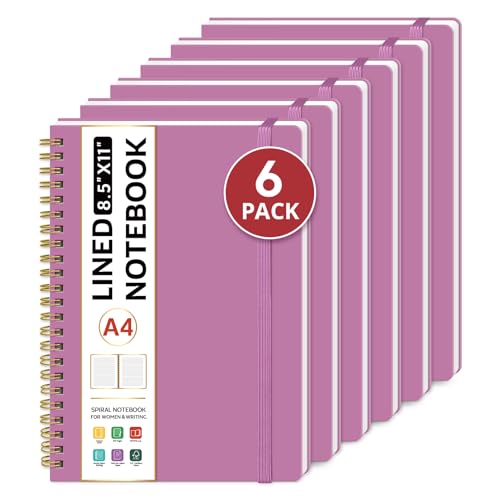 Taja Spiral Lined Notebook, 8.5"x11" Notebooks for Work, 6 Pack, Large A4 Journal for Women & Men, College Ruled Journaling Notebook for Writing, 6 Pcs, Plastic Cover Spiral Journal, Purple - color: A-Purple, style: A - Lined（6Pack）