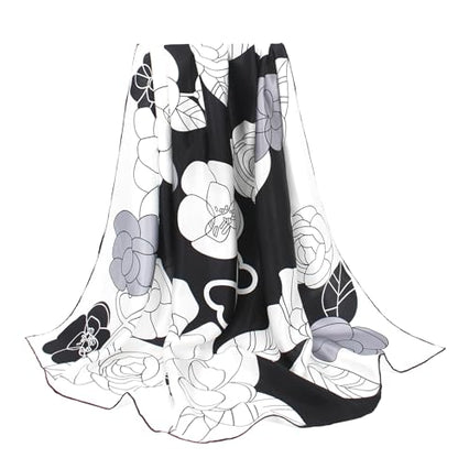 ANDANTINO 100% Silk Scarf 43" Large Square Lightweight Headscarf& Shawl–Women Hair Wraps-With Gift Packed - color: Black&white-flowers