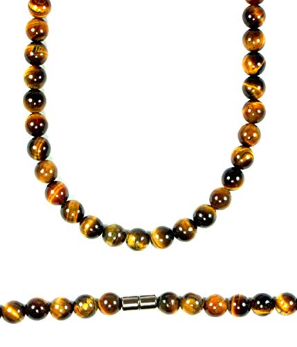 Men's Healing Crystal Necklace - 16/19/24/30 Inch Beaded Chains with 6/8/10/12/14/16mm Gemstones Handmade in USA - color: B: 8mm Yellow Tiger, size: 24 inches