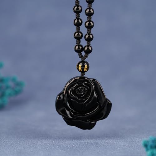 Black Obsidian Necklace Natural Crystal Amulet Protection Pendant with Adjustable Rope Lucky Talisman Necklaces Jewelry Gift for Men Women - color: Rose Beaded Rope