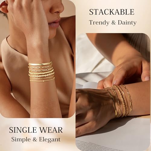 M MOOHAM 7PCS Gold Bracelets for Women - 14K Real Gold Plated Beaded Bracelets Set Rope Paperclip Chain Stackable Bracelet Non Tarnish, Friendship Birthday Jewelry Gifts for Women Teen Girls