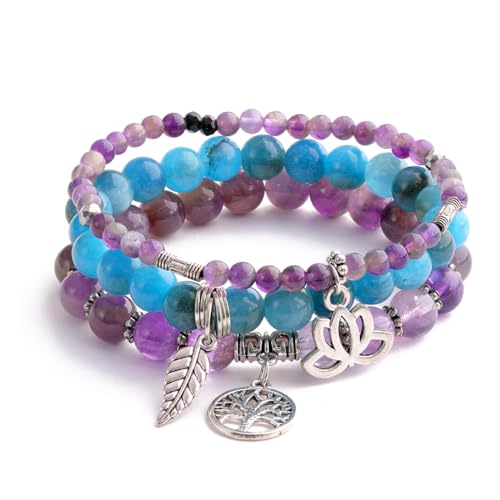 Tree of Life Yoga Healing Stone Bracelets,Multilayer Lotus Chakra Stone Reiki Bracelet Sets,Anxiety Crystal Natural Stone,for Women Stress Relief - style: Amethyst + Apatite