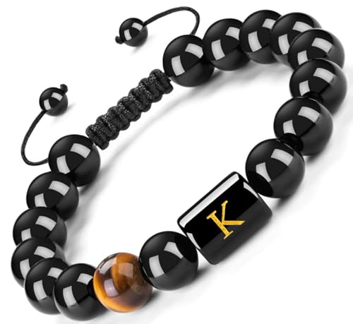 FRG Initials Bracelets for Men Letter Link Handmade Natural Black Onyx Tiger Eye Stone Beads Braided Rope Meaningful Bracelet - style: Braided rope-K