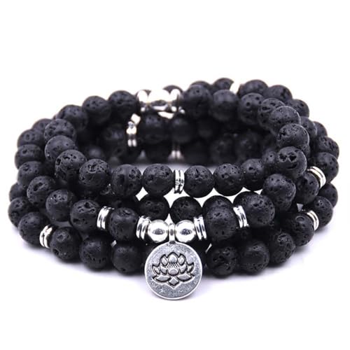 108 Mala Beads Bracelet Necklace - Gemstone Prayer Beads with Lotus Charm for Meditation & Yoga - style: Lava Stone