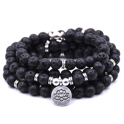 108 Mala Beads Bracelet Necklace - Gemstone Prayer Beads with Lotus Charm for Meditation & Yoga - style: Lava Stone