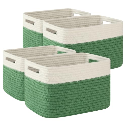 OIAHOMY 4 Pack Storage Baskets for Organizing, Basket for Shelves with Handle, Woven Baskets for Storage Toys, Towels, Books, Cotton Rope Basket 13" L x 9 " W x 7.8 " H, Olive Green & White - color: Olive Green & White