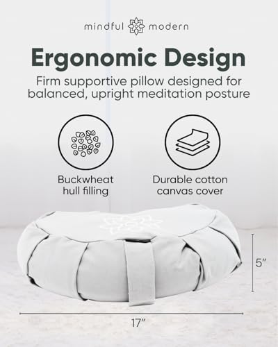Mindful & Modern Large Meditation Cushion | Zafu Yoga Bolster Meditation Floor Pillow Seat | Buckwheat Hull Filled Crescent Shaped Cushion with Removable Washable Cover + Carry Handle | White