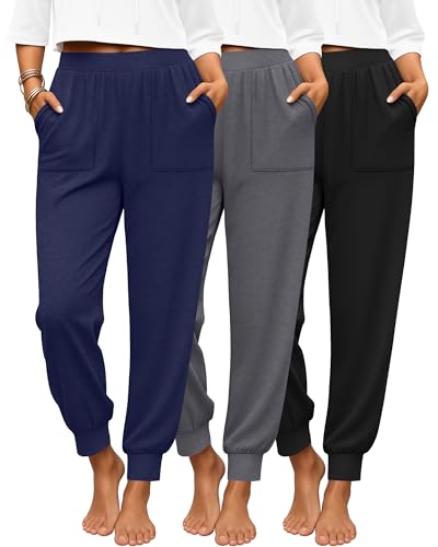 3 Pack Women's Lounge Pants Yoga High Waist Sweatpants Workout Lightweight Casual Joggers Comfy Pajama with Pockets - color: Black, Dark Gray, Dark Blue, size: Large
