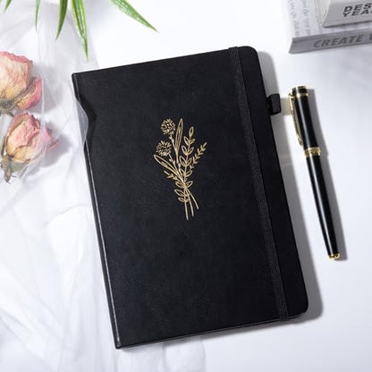 Lined Journal Notebook for Women Cute Leather Journals for Writing Aesthetic Floral Diary 192 Pages A5 Hardcover Journaling Notebooks with Pen Loop, 5.7 x 8.3 in, Black - color: Black
