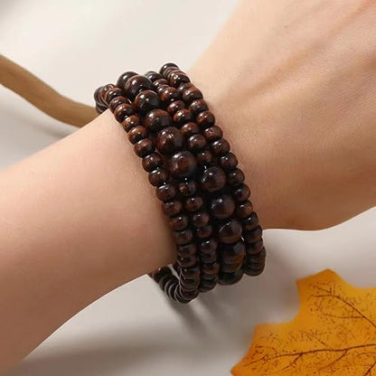 COLORFUL BLING Handmade Natural Wooden Beads Cuff Bracelet Woven Chunky Geometric Bangle for Women Summer Beach Boho Jewelry - color: four layer
