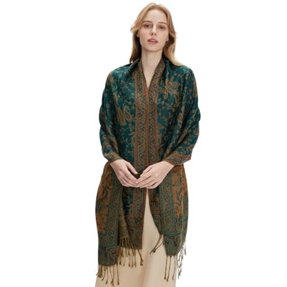 zero season Boho Paisley Pashmina Shawl Wrap Lightweight Scarf for Women, Silky Feel Bohemian Wrap for Travel & Daily Wear - color: Emerald Green