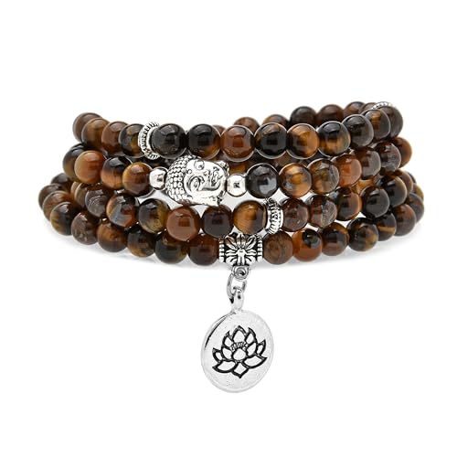 6mm 108 Mala Beads Bracelet, Yoga Zen Necklace with Buddha and Lotus Charm for Prayer - style: Brown Tiger Eye