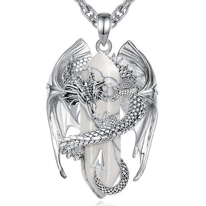 INFUSEU Unique Dragon Necklaces with Healing Crystal Stone for Men Women, Personalized Spiritual Gifts, 24 Inch Chain - color: White Howlite