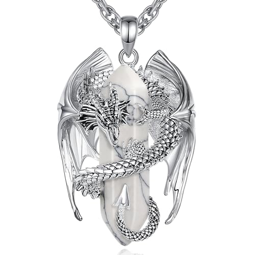 INFUSEU Unique Dragon Necklaces with Healing Crystal Stone for Men Women, Personalized Spiritual Gifts, 24 Inch Chain - color: White Howlite