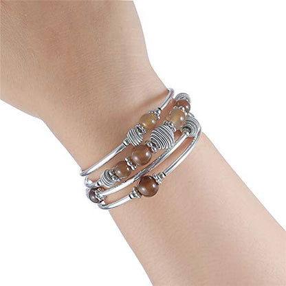 PEARL&CLUB Beaded Chakra Bangle Turquoise Bracelet - Fashion Jewelry Wrap Bracelet with Thick Silver Metal and Mala Beads, Birthday Gifts For Women