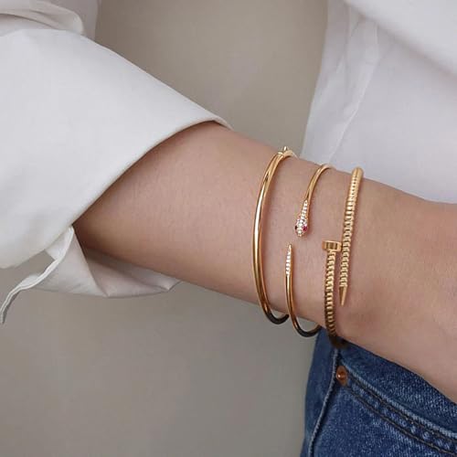 18K Gold Plated Open Cuff Bangle for Women Statement Brushed/Hammered/Textured Bracelet Layering Jewelry Love Gift for Her - style: Screw Nail Bangle