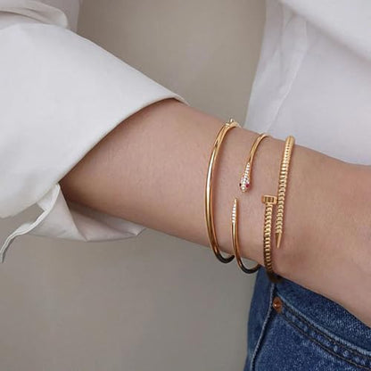 18K Gold Plated Open Cuff Bangle for Women Statement Brushed/Hammered/Textured Bracelet Layering Jewelry Love Gift for Her - style: Screw Nail Bangle