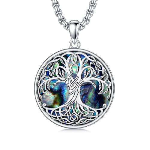 Tree of Life Necklace 925 Sterling Silver Round Tree of Life Pendant Jewelry for Men Women, w/Stainless Steel Chain 22''+2'' - style: A04-Abalone Shell